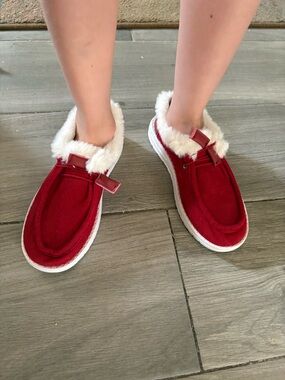 Cozy Red Corduroy Faux-Fur Lined Women's Slip-On Shoes